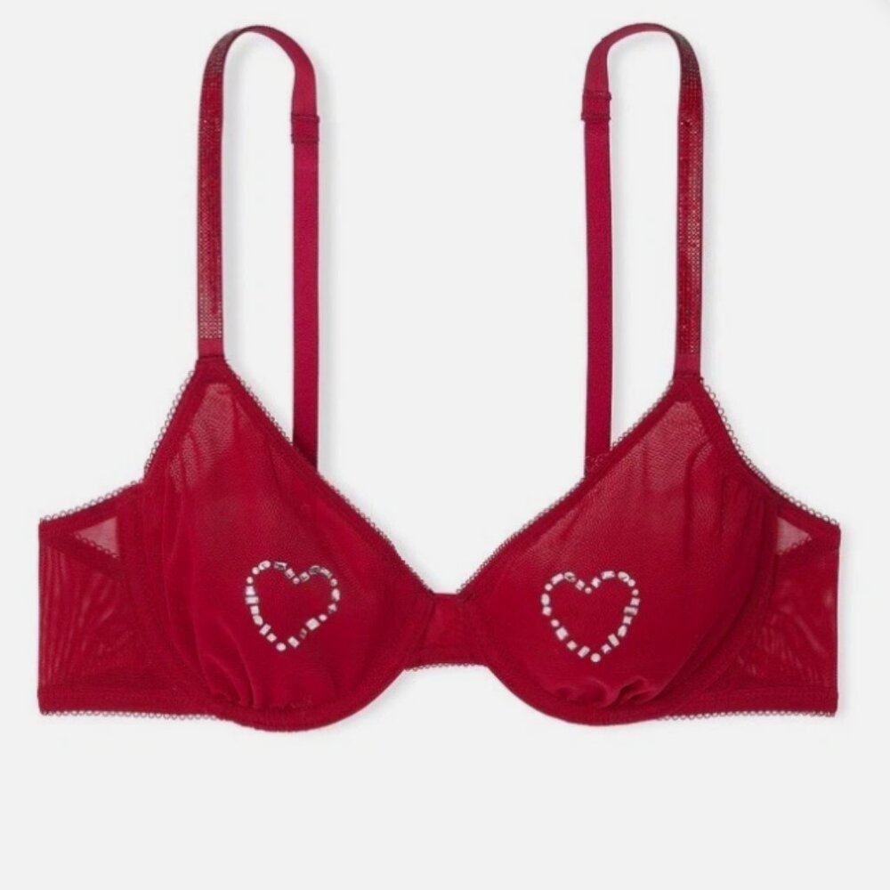 Victoria's Secret Unlined Bra 38D New Red Underwire Crystal Hearts shine VS
